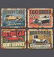 retro car rusty signs with vintage auto vehicles vector image
