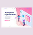 isometric young people stand at screen creating vector image