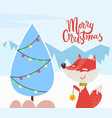 merry christmas fox and pine tree greeting card vector image