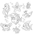set cute cartoon sea animals black and white vector image