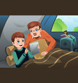 father and son reading a tablet pc in camping vector image vector image
