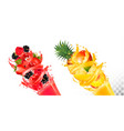 fruit in juice splashes strawberry raspberry vector image vector image