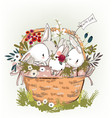 cute birthday hares in basket vector image
