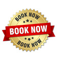book now 3d gold badge with red ribbon vector image