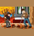 father son raking leaves during fall season vector image vector image