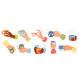 hands with cups cartoon hand holding coffee cup vector image vector image