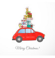 christmas card with vintage red car carrying gift vector image