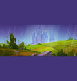 summer scene with fields and city in rain vector image