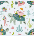 seamless pattern with turtle and sea life vector image