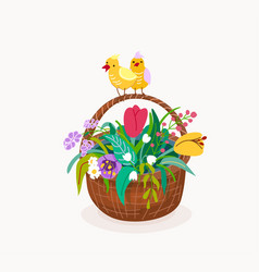 flower basket with two chickens on handle vector image