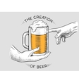 hands with cup of beer engraving style vector image