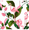 pink flamingo and exotic flowers palm leaves vector image