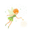 cute green fairy in flight with a magic wand vector image vector image