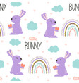 seamless pattern with cute rabbit and rainbow vector image vector image