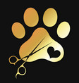 golden animal paw footprint and scissors groomer vector image