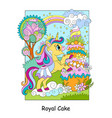 cute unicorn princess with giant royal cake vector image
