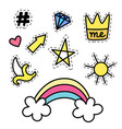 set of fashion stickers with rainbow star crown vector image