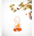 little meditating buddhist monk in orange robe vector image