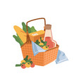 picnic basket on napkin food and drinks bakery vector image