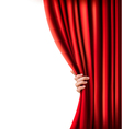 background with red velvet curtain and hand vector image vector image