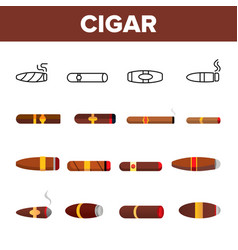 lit luxurious cuban cigar icons set vector image
