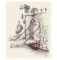 old city citadel stone gate wooden bridge vector image