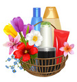 wicker basket with flowers and cosmetics vector image vector image