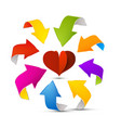 colorful arrows around red paper cut heart vector image vector image