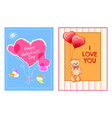 happy valentines day postcards with heart and bear vector image vector image