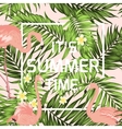 summer time banner flamingo palm leaves flowers vector image
