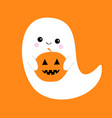 flying ghost spirit holding pumpkin boo happy vector image