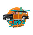 summer sufing badge design with surf car vector image