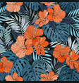 tropical hibiscus and palm leaves seamless pattern vector image vector image