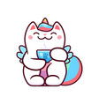 cartoon kawaii capricorn cat unicorn drinking tea vector image