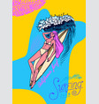 surf poster or banner the girl lies on the board vector image vector image