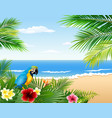 cartoon parrot with beach tropical plants vector image