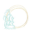 marine wreath golden frame ship and sea waves art vector image