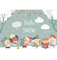 cartoon happy children enjoying winter hello snow vector image vector image