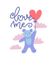 cute valentine teddy bear with red heart balloon vector image vector image