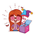 girl with fools day surprise box and joker hat vector image vector image