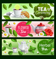 tea cups teapots and leaves with sugar teabags vector image
