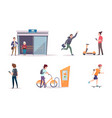 people in city characters waiting on bus station vector image vector image