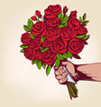 hand gives a bouquet flower roses greeting vector image