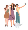 group three girls and dog taking a selfie vector image