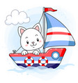 cute white kitten sailing on a cartoon boat vector image